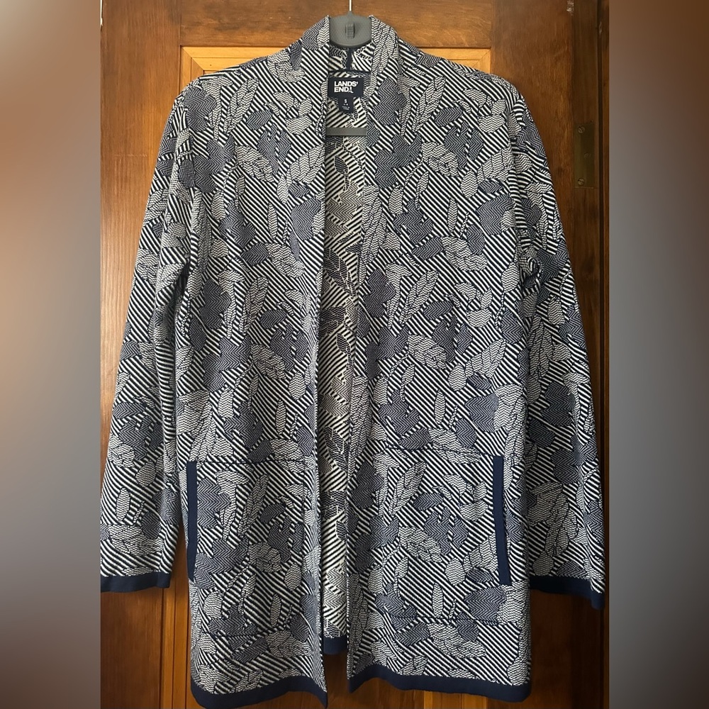 NWOT Perfect Transitional Navy & White Open Cardigan S 100% Cotton Lands’ End